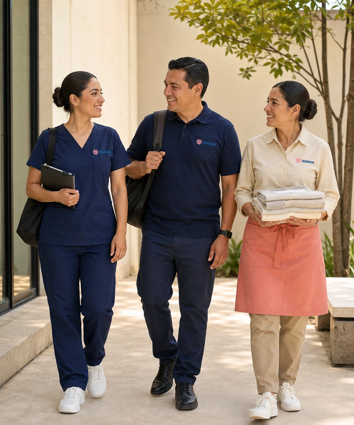 Profesionales mexicanos de enfermería, cuidado y apoyo doméstico trabajando con Niania