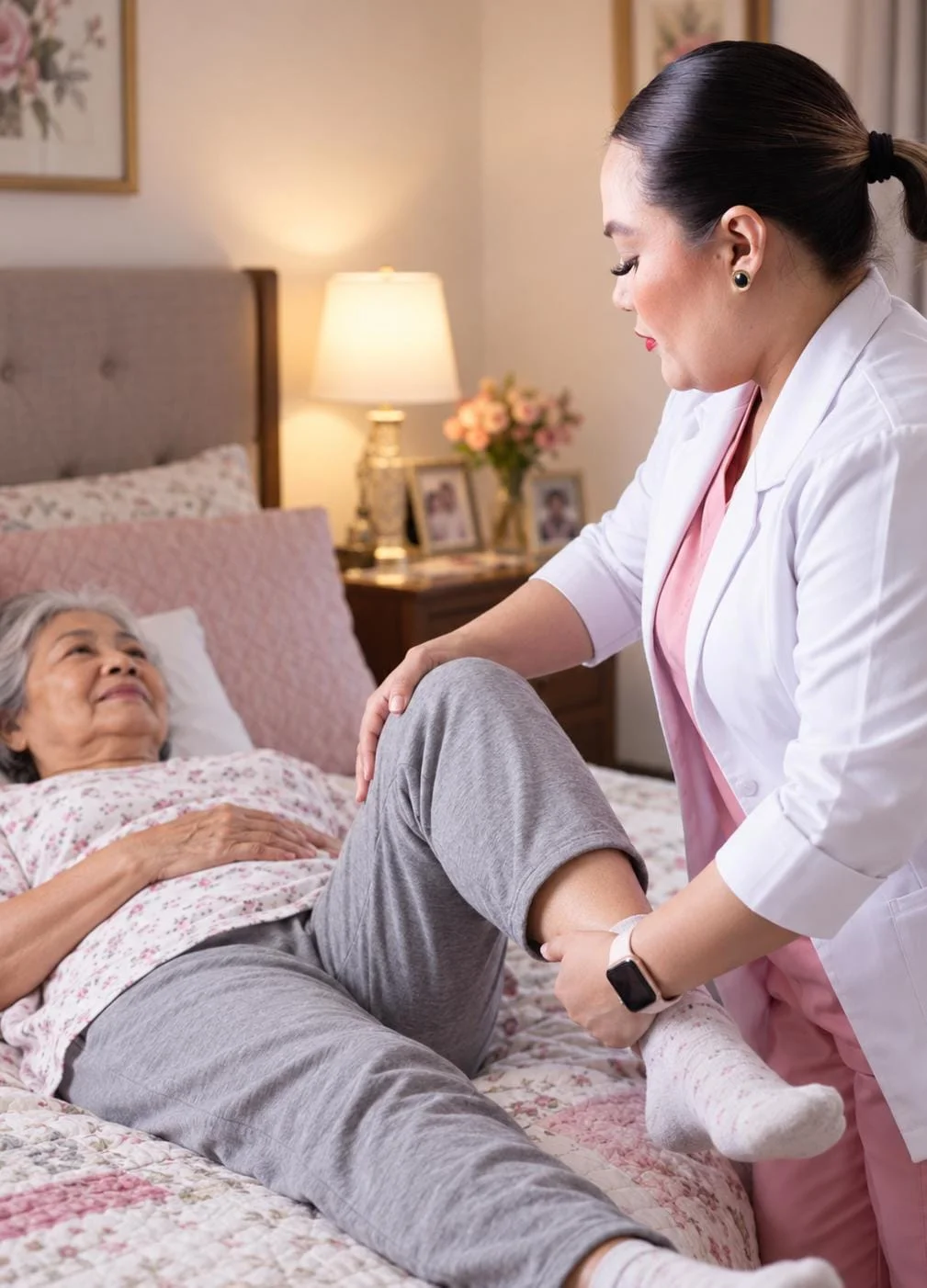 Fisioterapeuta profesional de Niania realizando rehabilitación y movilización articular a paciente en casa